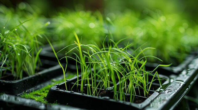 New life , Green grass in black tray, plants, beggining of life