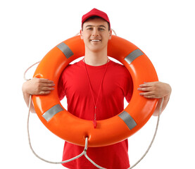 Male lifeguard with ring buoy and whistle isolated on white background