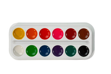 a set of watercolor paints in round bags in a white case
