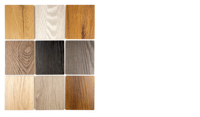 Set of samples of furniture facades on a white background with space for text. Wood veneer samples.