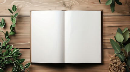 mockup template open book with clean blank pages on wooden table background with green plants