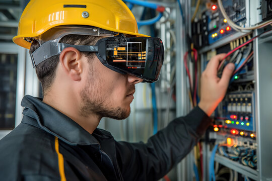 Electrician working with augmented reality glasses on server room - Powered by Adobe