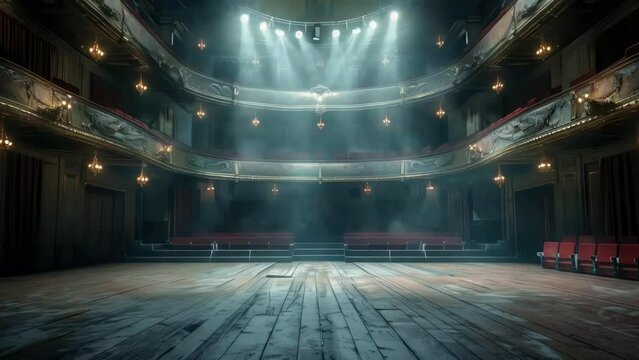Large empty stage with red curtains and spotlight
