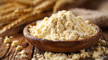 Fototapeta premium wide closeup photo of white fresh wheat flour on wooden bowl on wooden table