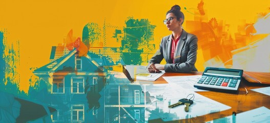 Real estate agent working on laptop in office.