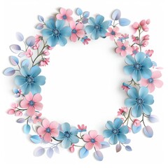 Cute round frame made of pastel pink and blue flowers 