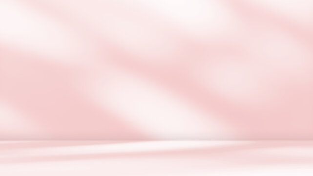 Empty pink colour room studio with sunlight effect shadow on the floor and wall for product presentation. Minimal backdrop design. Cosmetic, beauty and fashion showroom. Summer background mock up.	
