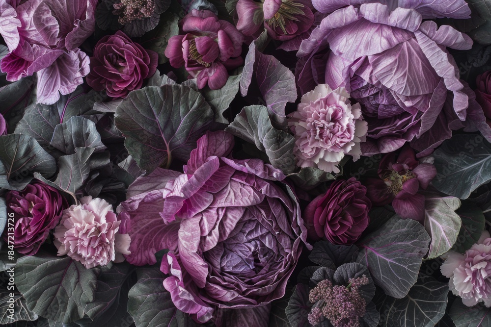 Wall mural Close up of purple flowers and leaves on dark background with colorful petals