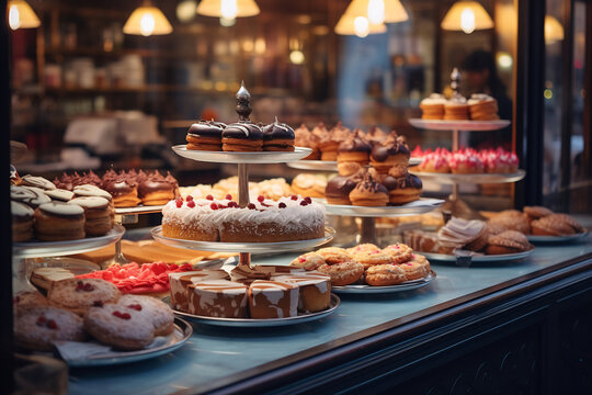 Delicious pastries and cakes displayed in bakery window