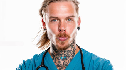 tattooed male nurse wearing blue scrubs and stethoscope against white background