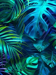 Green and Blue Neon Light with Tropical Leaves hyper realistic 