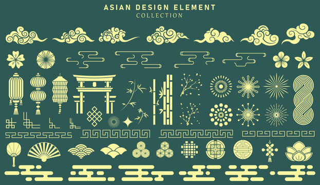 Asian design element set. Vector decorative collection of patterns, lanterns, flowers , clouds, ornaments in chinese and japanese style.