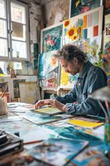 Graphic designer working with a digital tablet in his studio