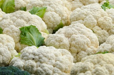 Cauliflower for sale in the market close up. Selective focus.