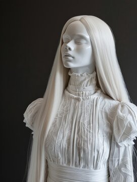 mannequin f&Atilde;&copy;minin eurasienne de 20 ans en costume blanc sur fond noir avec des cheveux tr&Atilde;&uml;s longs hyper realistic 