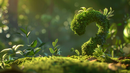 Moss-covered question mark in a lush green forest with sunlight filtering through foliage