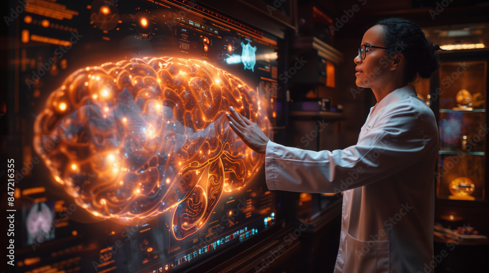 Poster a woman in a lab coat interacts with a holographic display of the human brain, demonstrating the pot