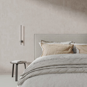 Close up of bed and bedside table in modern bedroom interior, 3d