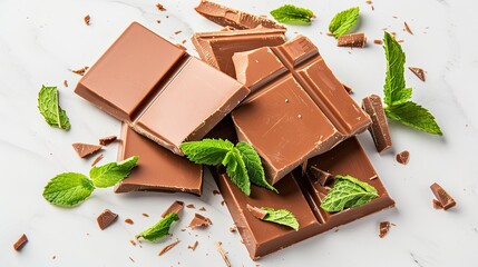 a pile of dark chocolate pieces adorned with fresh mint leaves, showcased in a close-up view against a sleek black background, evoking indulgence and freshness.