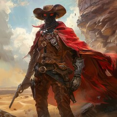 Cowboy stands confidently in desert, showcasing unique attire with red cape and vintage gun in dramatic landscape