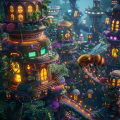 Fototapeta premium Illuminated Fantasy Cityscape With Bee Flying Over Lush Gardens