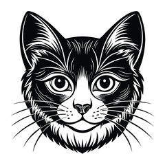 Detailed vector illustration of a cat's face, black and white, perfect for tattoos, logos, and print designs
