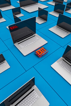 Cluster of laptops on floor with the word Exit