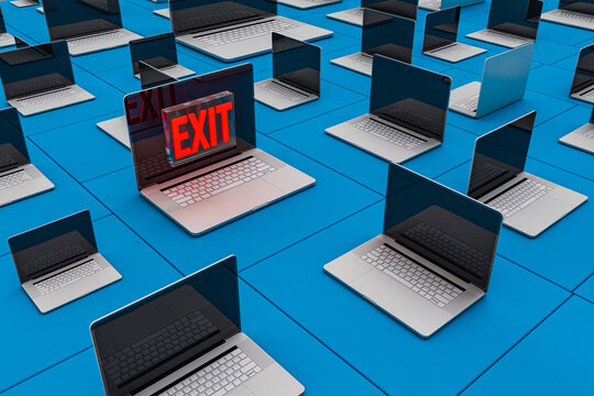 Cluster of laptops on floor with the word Exit