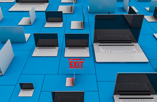 Cluster of laptops on floor with the word Exit