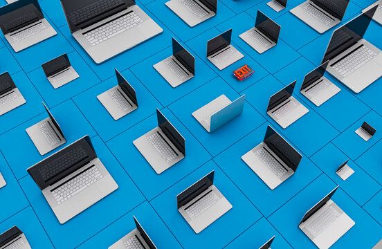 Cluster of laptops on floor with the word Exit