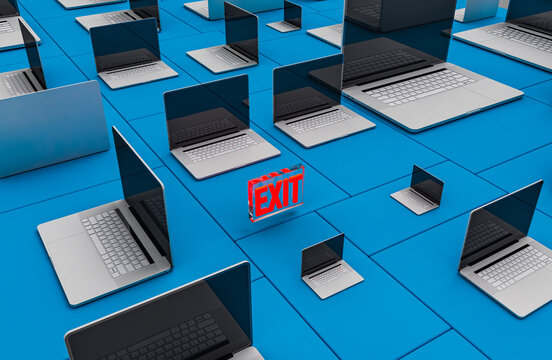Cluster of laptops on floor with the word Exit