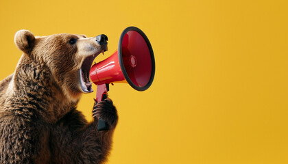 bear with a megaphone on solid yellow background