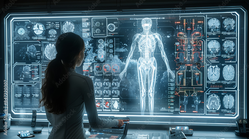 Poster a woman in a white uniform stands in front of a large holographic screen, displaying a skeletal mode