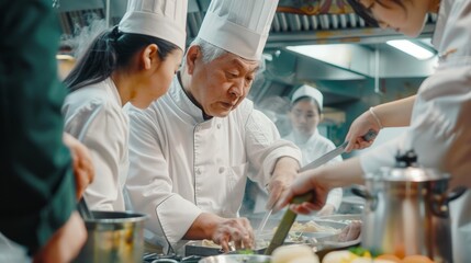 Asian senior chef teaches diverse students cooking methods in a restaurant kitchen workshop. Focusing on teamwork learning and note-taking. Professional education. Food Edocation hyper realistic 