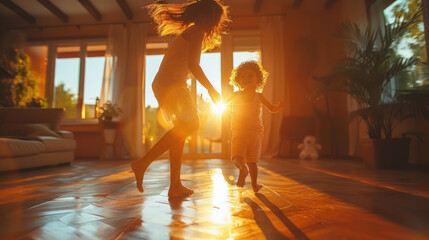 A happy family playing together in a sunlit living room, with laughter and joy clearly evident