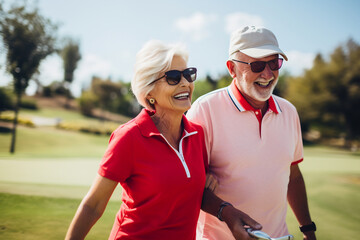 Happy senior couple walking on a sunny golf course