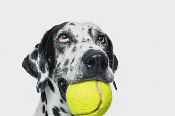Funny Dalmatian with Tennis Ball in Mouth isolated on White Background - for Pet Promotions, Humor Content, and Animal-Themed Marketing Campaigns