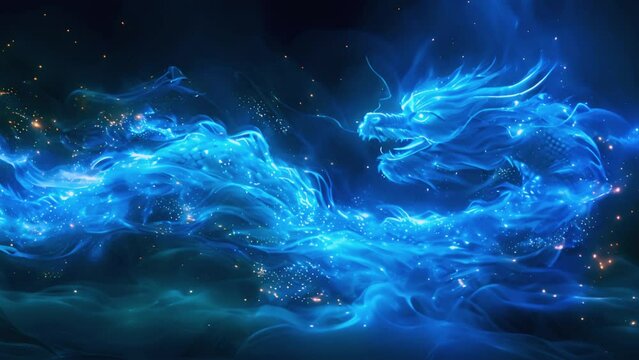 Chinese dragon blue lights. Abstract blue dragon head. 2024 animal Chinese symbol of the year. Fantasy magic neon glow light 4k video Asia