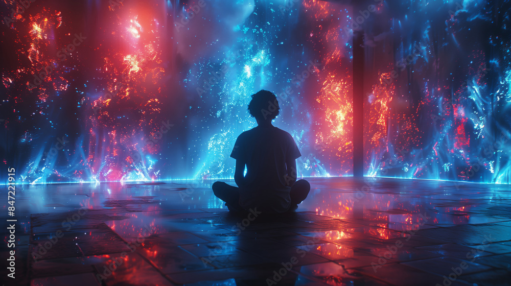 Poster a person sits in a meditative pose in a futuristic room illuminated by holographic projections of bl