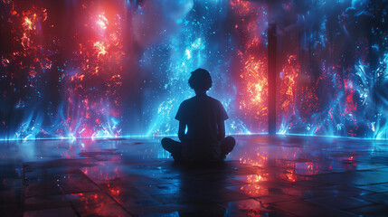 A person sits in a meditative pose in a futuristic room illuminated by holographic projections of blue and red light.