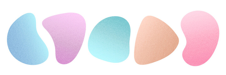 Abstract organic geometric shapes set. Modern blob spot blot with grain gradient texture. Modern simple illustration. Textured Liquid splash in pastel colors design element