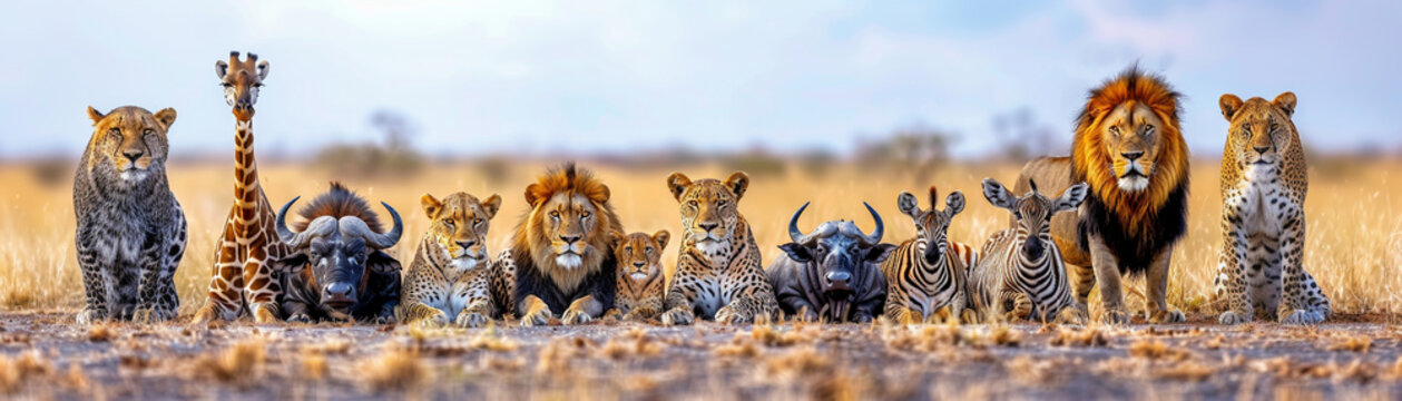 Fototapeta Jungle Animals in a Row - Lions, Tigers, and More in Banner Proportions