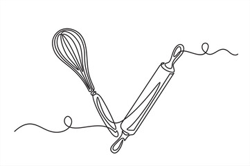 Whisk and rolling pin kitchen utensils vector one line continuous drawing illustration. Hand drawn linear cooking icon. Minimal outline design element, print,