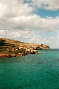 Film photo Winding Road by the Mediterranean Sea. Majorca, Spain