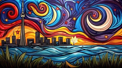 Obraz premium A vibrant cityscape against a dramatic sky with swirling clouds and a fiery sunset.