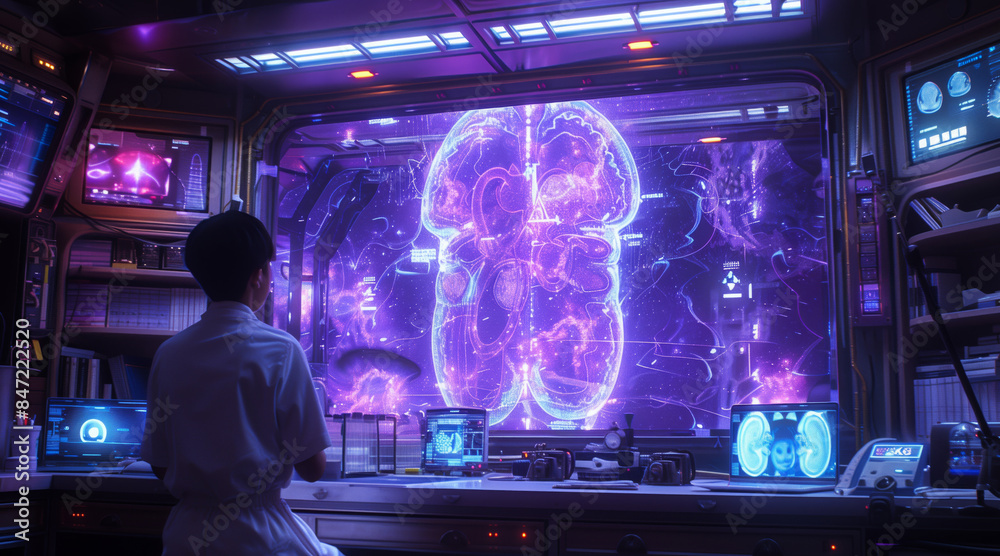 Poster A futuristic medical setting where a patient views a holographic scan of the brain, potentially for a urology appointment.