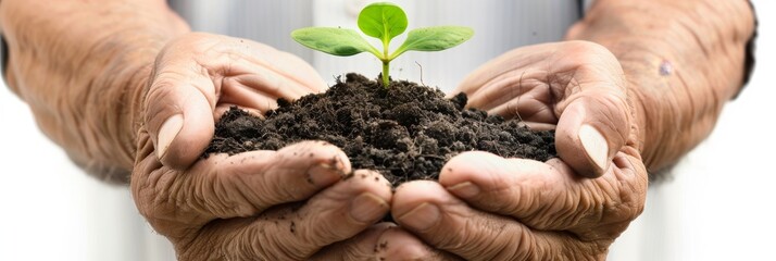 Plant in hands, young sprout, new plant growing in soil, organic farming, environment care, earth day