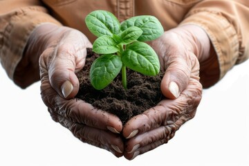 Plant in hands, young sprout, new plant growing in soil, organic farming, environment care, earth day