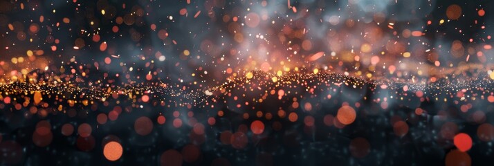 Fototapeta premium Flying particles and sprinkles background, exploding confetti, shiny shimmering carnival, glittering dust bokeh