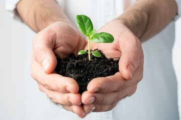 Plant in hands, young sprout, new plant growing in soil, organic farming, environment care, earth day
